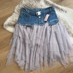 Denim and Gray Tulle Layered Skirt
